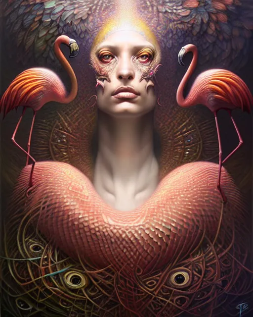 Image similar to a detailed portrait of dreampunk flamingo python hybrid mix by tomasz alen kopera and peter mohrbacher
