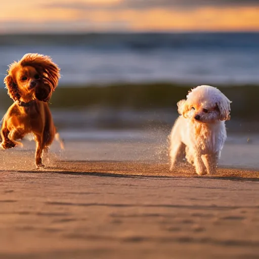 Prompt: a photorealistic closeup image of a cute brown colored long haired chihuahua cocker spaniel dog playing with a happy white bichon frise puppy on the beach. sunset, surf. brightly lit. extreme detail. unreal engine