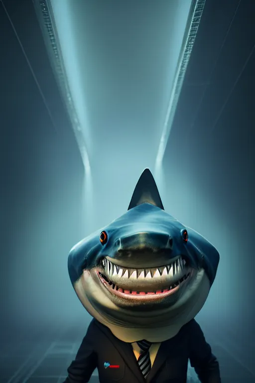 Image similar to anthropomorphic business shark character concept cinematic lighting, smooth, high detail, glowing eyes, studio quality, highly detailed, centered, octane render, by alexandros pyromallis, fog volumes, metal panels, frank zappa, fsociety by greg rutkowski