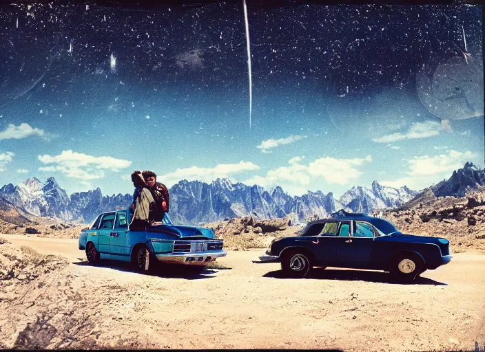 Image similar to a very high resolution image from a new movie, starlord. driving around. inside of a car. mountains, polaroid, directed by wes anderson