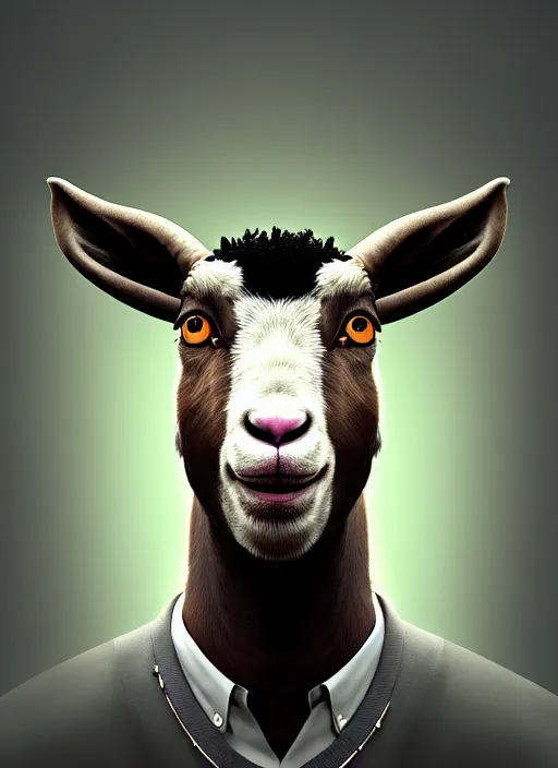 Image similar to anthropomorphic portrait of will smith as a goat, au naturel, hyper detailed, digital art, trending in artstation, cinematic lighting, studio quality, smooth render, unreal engine 5 rendered, octane rendered, art style by klimt and nixeu and ian sprigger and wlop and krenz cushart