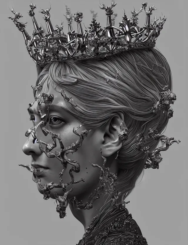 Image similar to symmetrical, centered, zbrush sculpt of goddess close-up portrait wigh crown made of skulls. phoenix betta fish, phoenix, bioluminiscent creature, super intricate ornaments artwork by Tooth Wu and wlop and alena aenami and greg rutkowski