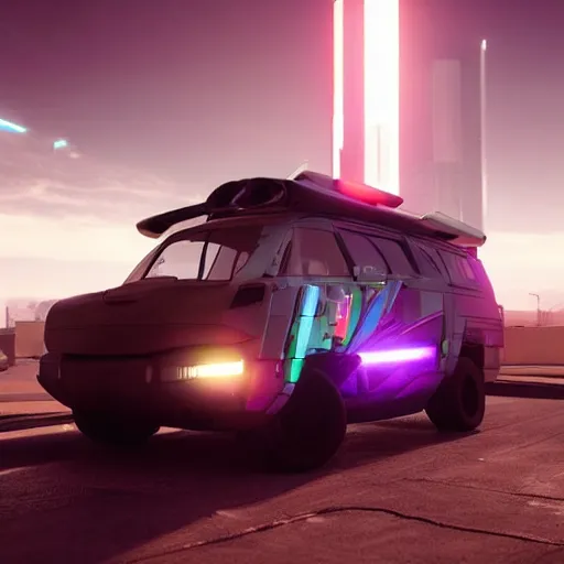 Image similar to cyberpunk alien concept of the a - team van with a pair of alien spaceship wings on the sides flying trough the sky, futuristic look, highly detailed body, very powerful, photorealistic camera shot, crisp quality and light reflections, unreal engine 5 quality render