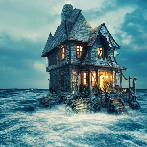 Image similar to a witches house on the ocean, epic scene, fantasy, redshift render, cgi, hyper - detailed, photo - bash, 8 k post - production, masterpiece