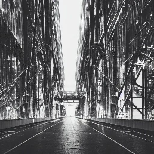 Prompt: detailed analog photograph of a futuristic city filled with neon lights and bridges, greyscale, film grain, heavy rainfall, bokeh, depth of field