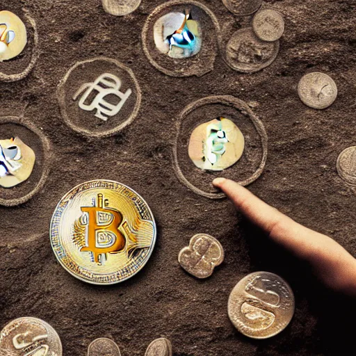Prompt: an archaeologist uncovering ancient bitcoin coins