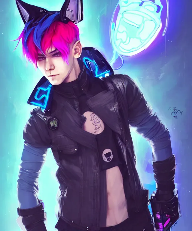 Image similar to character concept art of a cute cyberpunk boy with colorful hair and wolf ears wearing tight clothing | | cute - fine - face, pretty face, key visual, realistic shaded perfect face, fine details by stanley artgerm lau, wlop, rossdraws, james jean, andrei riabovitchev, marc simonetti, and sakimichan, trending on artstation