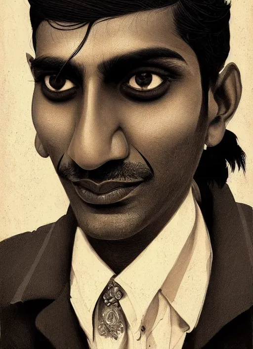 Image similar to portrait of an indian man with a crooked nose and a confident expression, 1 9 6 0 s, black clothes, goth, punk, funk, intricate, elegant, highly detailed, digital painting, artstation, concept art, smooth, sharp focus, illustration, art by wlop, mars ravelo and greg rutkowski