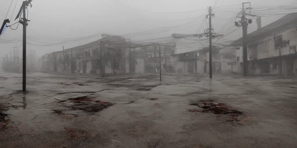 Image similar to wide angle shot of dilapidated silent hill in real life, desolate town, empty streets, nightmarish, some rusted retro futuristic parked cars, overcast, blankets of fog pockets, rain, volumetric lighting, beautiful, daytime, autumn, sharp focus, ultra detailed, cgsociety
