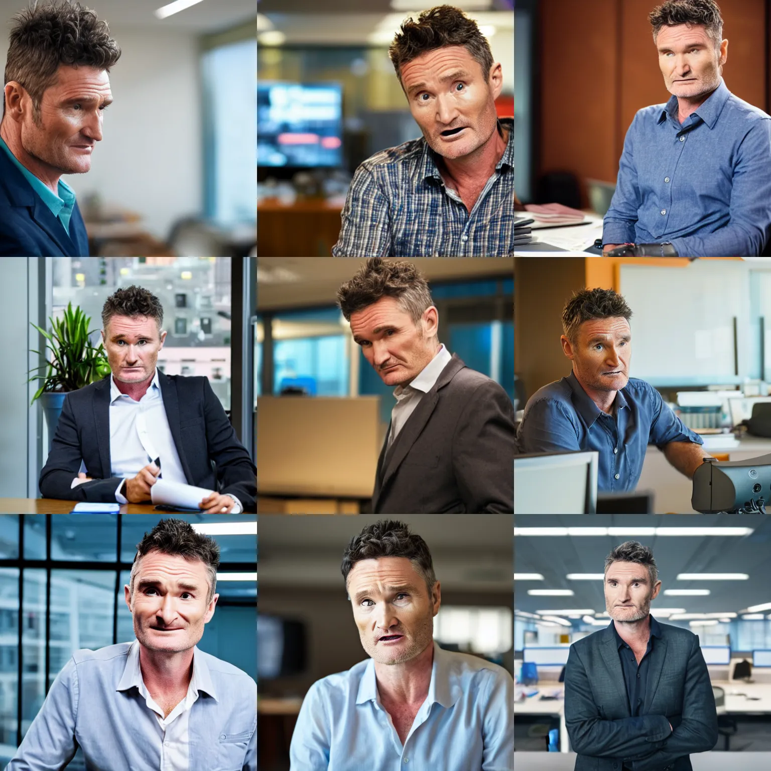 Prompt: still from TV series, comedian Dave Hughes, working in an office, depth of field, bokeh