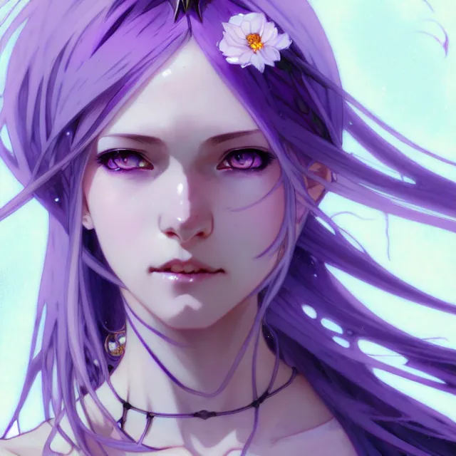 Image similar to anime girl with flowing lavender hair, purple eyes and white dress, black jewellery, profile photo, digital artwork, very beautiful face, pretty smile, extremely detailed art by greg rutkowski and alphonse mucha