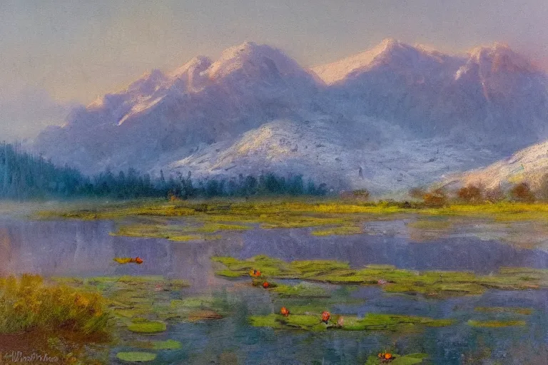 Image similar to impressionism painting of a pond of water lily on a foggy morning, sun low on horizon through snow capped mountains, soft light, misty