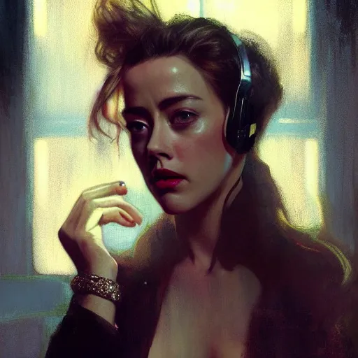 Image similar to hyperrealistic portrait of a woman as amber heard making a telephone noir call by jeremy mann and alphonse mucha, fantasy art, photo realistic, dynamic lighting, artstation, poster, volumetric lighting, very detailed faces, 4 k, award winning