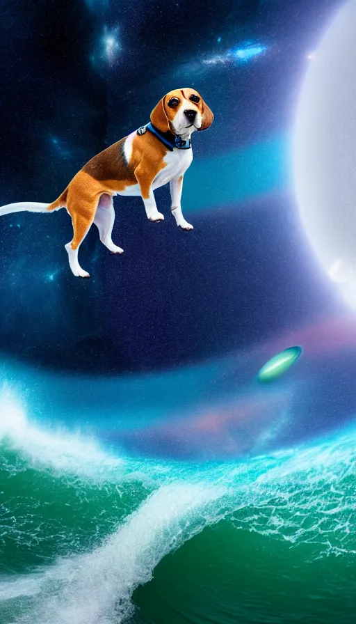 Prompt: beagle dog surfing a surfboard on a crashing l wave of alien ocean in space, background is an alien galaxy, aliens in the background, alien colors, octane render, unreal engine, wide view, 8 k, high detaild