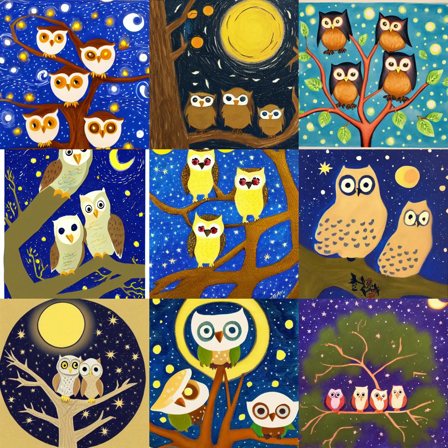 Prompt: baby owls in a tree during a starry night in the style of phil noto