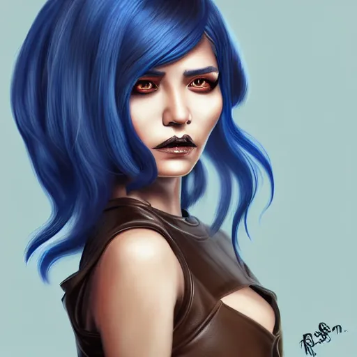 Image similar to illustrated realistic portrait of ram-horned devil woman with blue bob hairstyle and her tan colored skin and with solid black eyes wearing leather by rossdraws