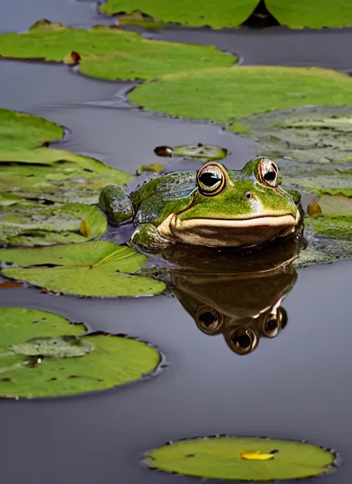 Image similar to close - up of a smiling frog in the pond with water lilies, medieval castle on background, shallow depth of field, highly detailed, autumn, rain, bad weather, ominous, digital art, masterpiece, matte painting, sharp focus, matte painting, by isaac levitan, asher brown durand,