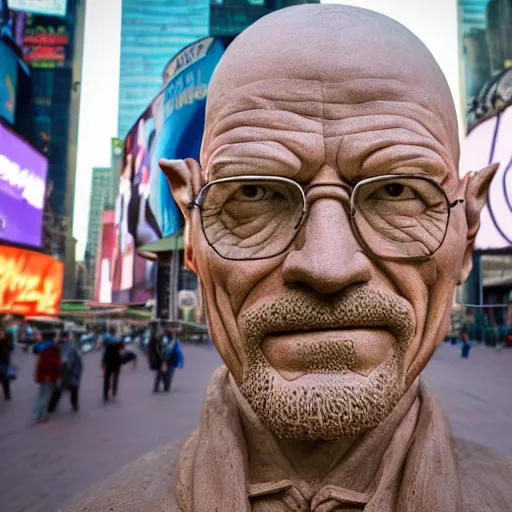 Image similar to extreme long - shot photograph of a renaissance clay sculpture of walter white wearing a phrygian cap in times square, made by michelangelo, very detailed, sharp focus, 8 k resolution, ray tracing