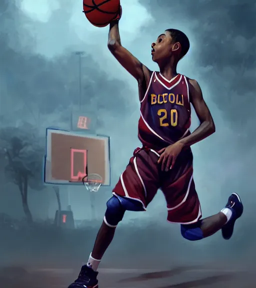 Image similar to portrait of a boy at a basketball court playing basketball wearing a basketball uniform in a basketball court, intense emotion, intricate, elegant, highly detailed, centered, digital painting, artstation, concept art, smooth, sharp focus, illustration, by Peter Mohrbacher, WLOP