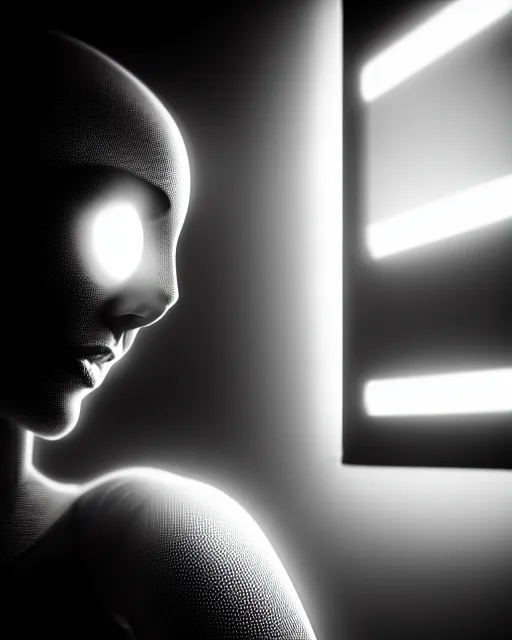 Prompt: black and white high quality photo of a beautiful female human-cyborg looking into a sci-fi mirror, volumetric lighting, liminal space, brutalism, foggy, dreamy, hyperdetailed, bokeh, photorealistic, cinematic, masterpiece, Metropolis, elegant, dark, octane render, 8K, in the style of H.R. Giger