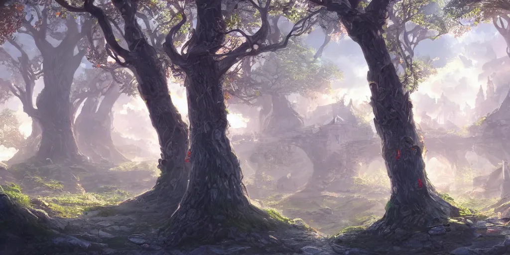 Prompt: a fantasy city built upon the giant branches of tree, illustration, bright sunlight, sun glints, sunrays, digital art, hyperrealistic, oil painting, fantasy, 8 k, trending on artstation, detailed