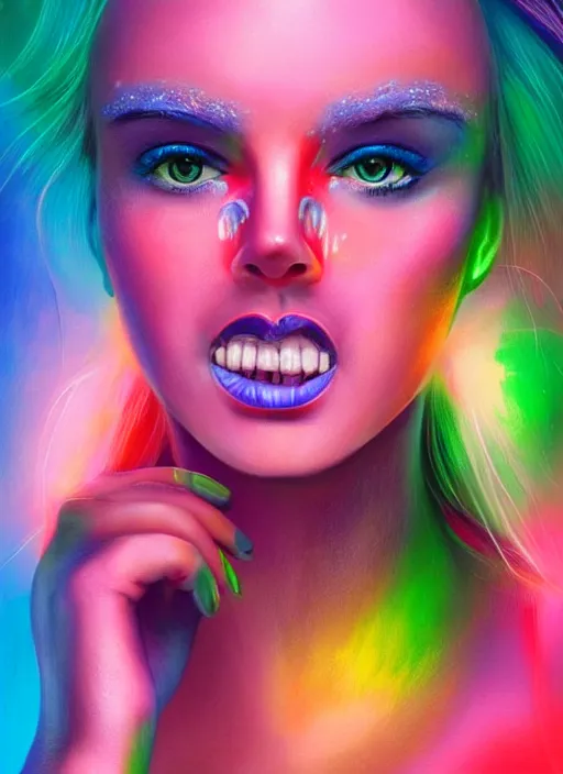 Image similar to gorgeous android portrait with neon face makeup, eightees look, smiling expression, cute nose, retro, beautiful lights, vintage look, hyper realistic, illustration, airbrush, 8 k, intricate, duo tone, art by david la chapelle and philip castle, artgerm