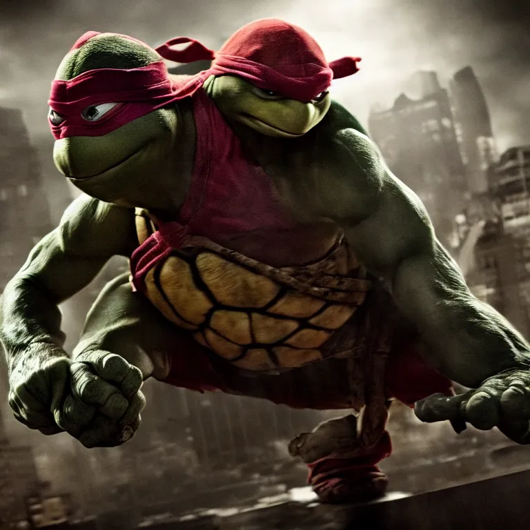 Prompt: hyper realistic teenage mutant ninja turtle movie still, gritty, realistic, noir, fight scene,