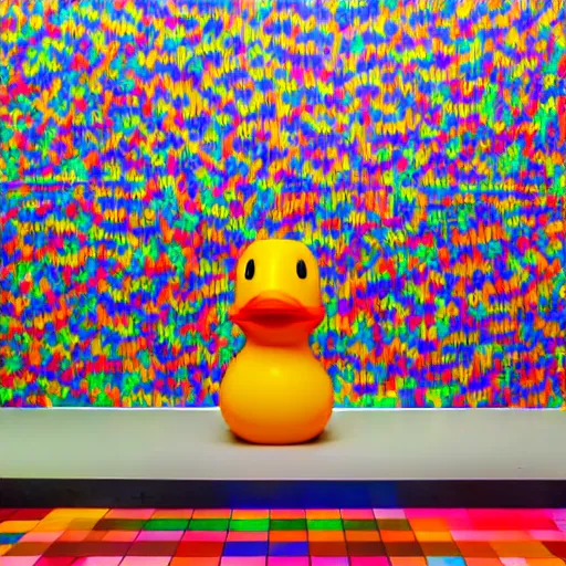 Image similar to wide shot, one photorealistic rubber duck in foreground on a pedestal in an art gallery, the walls are covered with colorful geometric wall paintings in the style of sol lewitt, tall arched stone doorways, through the doorways are more wall paintings in the style of sol lewitt.