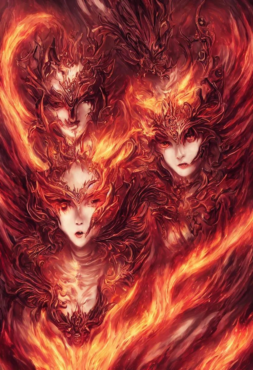 Image similar to stunning female demons surrounded in fire, korean, buddhist, Naraka otherworldly rising from the fire, crystal amber eyes , wings, very detailed face, smile, monster teeth covered in red, dark and mysterious, full body, rococo, cinematic, epic ,4K very detailed, full body, Sun God, death God, hell