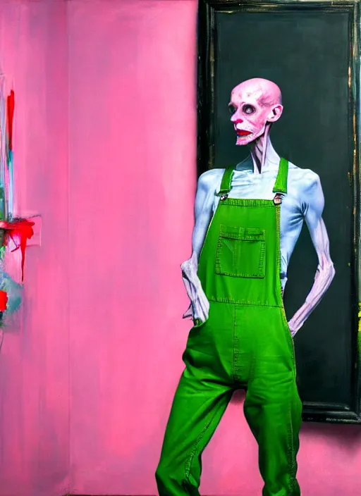 Prompt: an insane, skinny, artist wearing overalls, expressive, painting the walls inside a grand messy studio, hauntingly surreal, highly detailed painting by francis bacon, edward hopper, adrian ghenie, gerhard richter, and james jean, soft light 4 k in pink, green and blue colour palette, cinematic composition,