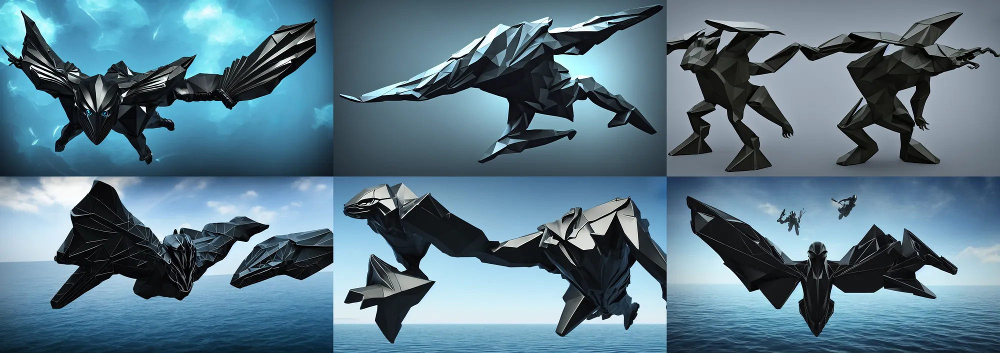 Image similar to flying enigmatic creature wearing military grade low-poly carbon plate, water-cooled armor, glistening, sleek finish, elaborate detail, dual-core hydraulic units, bullet-proof, floating island backdrop, 4k, high quality photo, 33mm