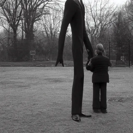 Image similar to slenderman standing in a park where kids are playing, cctv, old picture