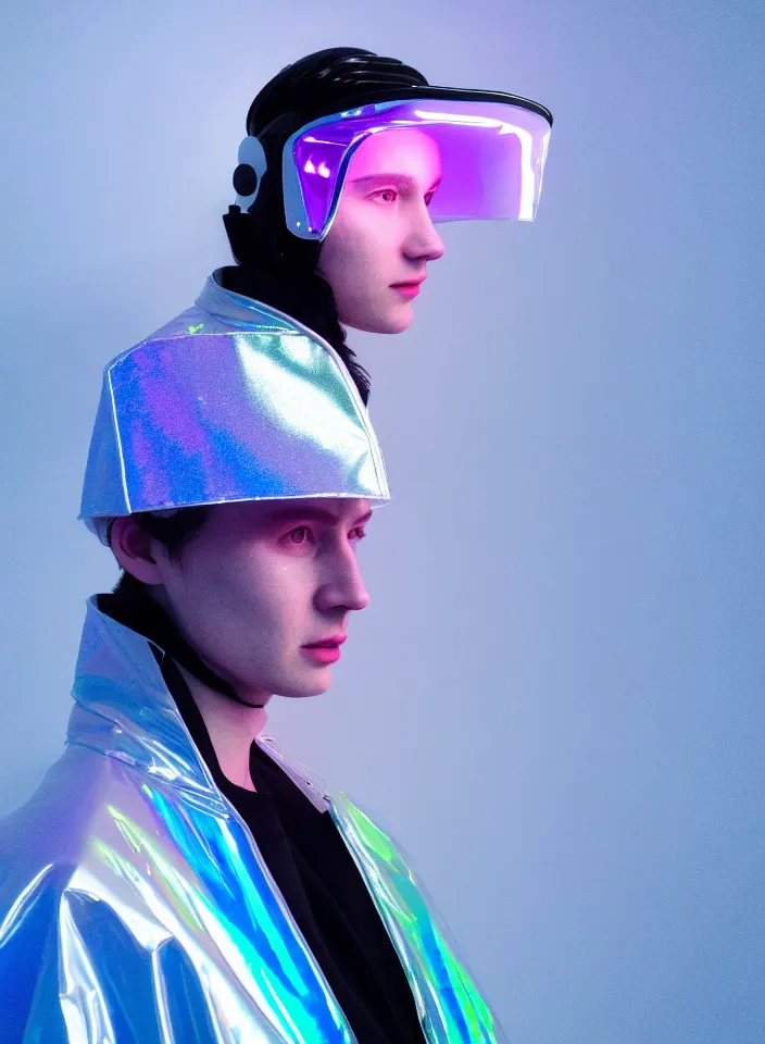 Image similar to an ultra high definition professional studio quality photograph of an artificially intelligent cyberpunk art influencer wearing a transparent iridescent pastel coloured visor and matching wavey raincoat on white coat hook in a sheer icelandic black rock environment. three point light. dramatic lighting. volumetric shadows. light rays