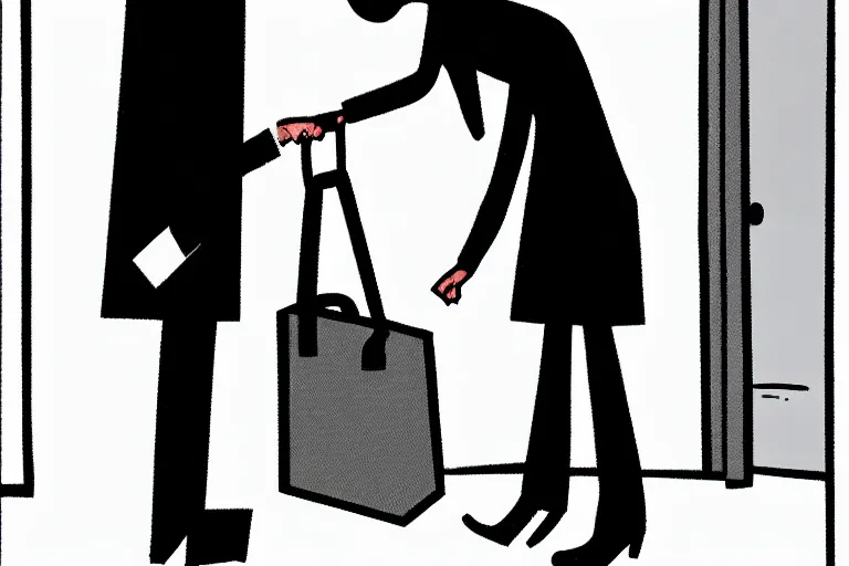 Image similar to tall, security guard checks the bags of a worried looking woman, art, satire