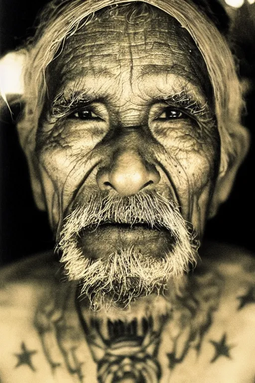 Image similar to one old indigenous man with micron pen ink tattoos stares at the camera, night sky, stars, bruce gilden, leica s, fuji 8 0 0, grainy, low light