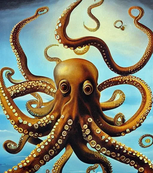 Prompt: a cybernetic realistic octopus giving a lecture at 9pm in Cap de Creus, detailed oil painting by Salvador Dali