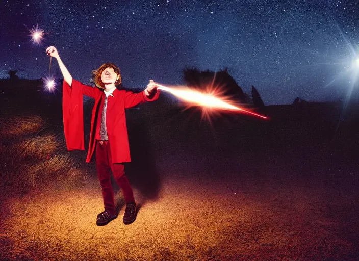 Image similar to a young adult wizard with very detailed face, hair clothes and shoes points their wand fiercely from which a blast of bright magic flies from the end of the wand, on an empty moonlit hill, dramatic lighting, lens flare, 3 5 mm full frame professional photography, kodachrome