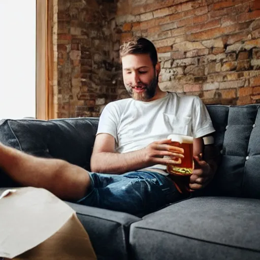 Prompt: a guy sitting on the sofa drinking many beers , Read Online Neat Stuff