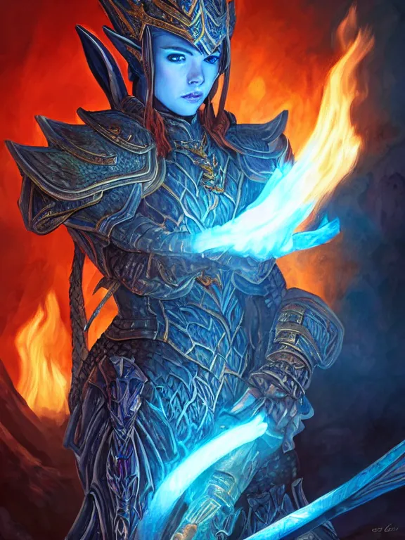 Prompt: full body portrait of a dnd dragon hunter inside a detailed volcano, female blue elf, strong, symmetric wings, dragon inspired blue armor, red hair, helmet, pretty, fire, high fantasy, detailed face, highly detailed, sharp focus, smooth, digital illustration, by clyde caldwell