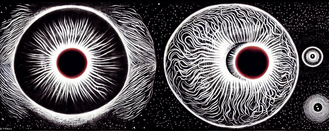 Image similar to a giant eyeball sings a unique canto about'as above so below'to the a cosmic cochlea, while being ignited by the spirit of haeckel and robert fludd, breakthrough is iminent, glory be to the magic within, in honor of saturn, painted by alex grey