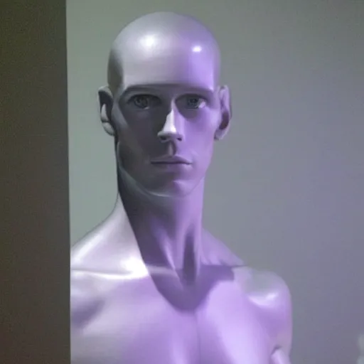 Image similar to “ a realistic detailed photo of a guy who is an attractive humanoid who is half robot and half humanoid, who is a male android, actor liam hemsworth, shiny skin, posing like a statue, blank stare, at the museum, on display ”