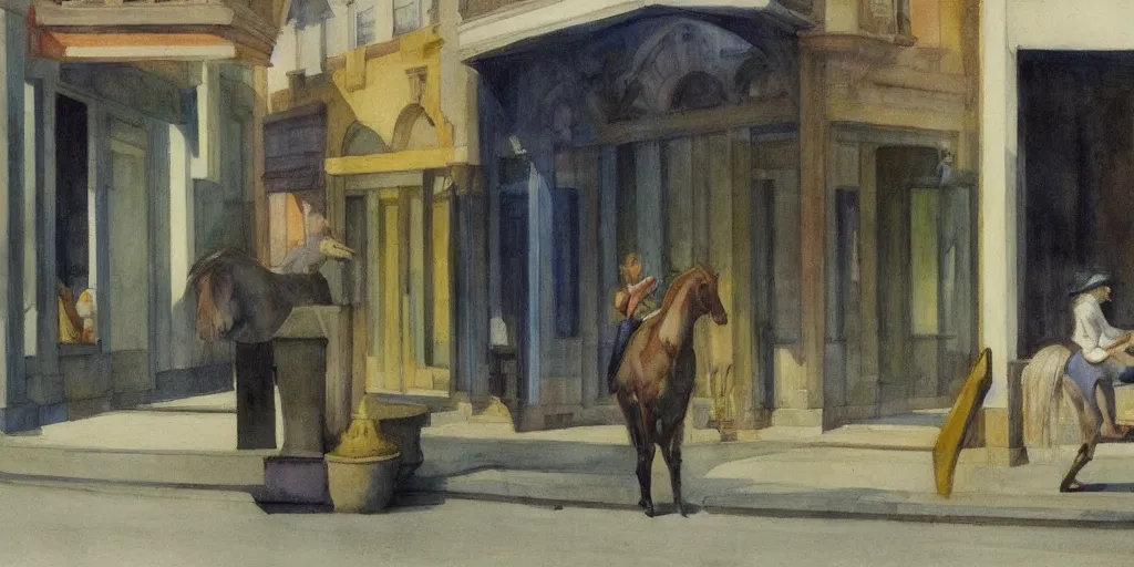 Image similar to a beautiful expressive water colour of a aetherpunk horse by edward hopper in the style of renaissance art, trending on art station