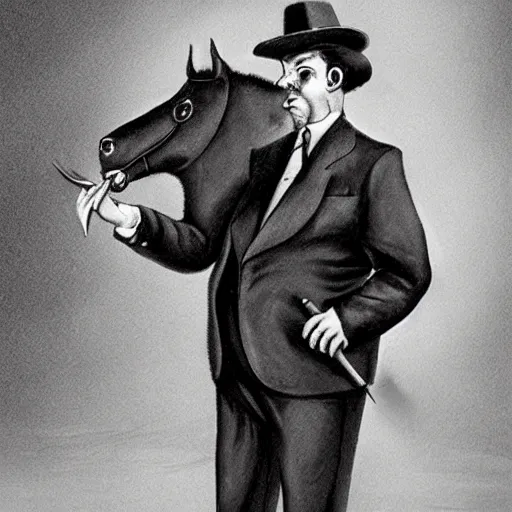 Image similar to an antropomorphic horse wearing a suit smoking a cigar
