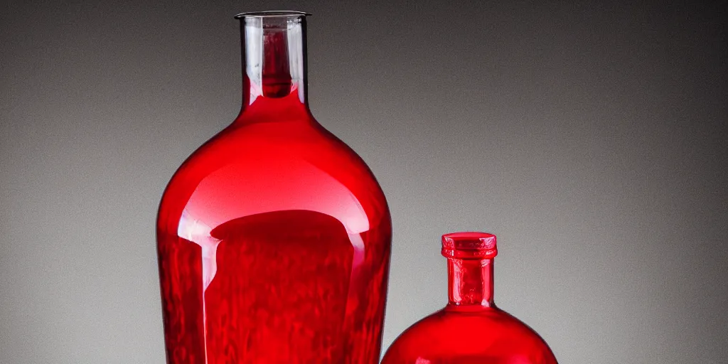 Prompt: award winning photo of one red glass vodka bottle inspired by a propane cylinder with flames coming out the top, studio lighting,Sigma 50mm, ƒ/8