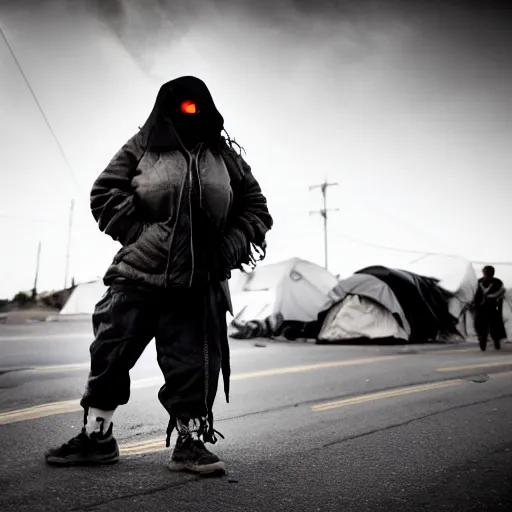 Image similar to Cinestill 50d candid extreme wide shot of a poor techwear mixed woman with tattoos outside of a futuristic Los Angeles on fire, homeless tents on the side of the road, military police, cyberpunk, 4k, extreme long shot, desaturated, full shot, action shot, blurry, high resolution, 4k, 8k, hd, full color