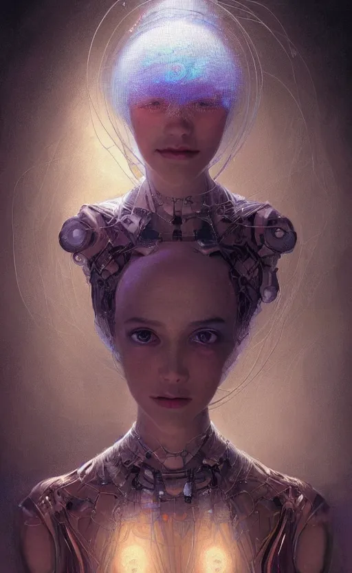 Image similar to portrait of a humanoid robot wearing a veil, mystic, mystical, robot body, wires, robotic, intricate, headshot, highly detailed, digital painting, artstation, concept art, sharp focus, cinematic lighting, digital painting, art by artgerm and greg rutkowski, alphonse mucha, cgsociety