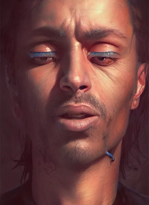 Image similar to a detailed painted portrait of an 9 0's era rock musician by artist hadi karimi, wlop, artgerm, greg rutkowski, slightly happy facial expression, dramatic lowkey studio lighting, accurate skin textures, hyperrealism, aesthetically pleasing and harmonious vintage colors