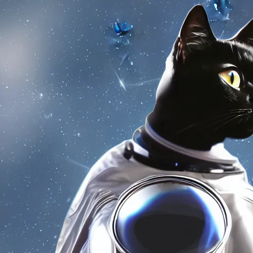 Image similar to black cat in a space suit in style of retro-futurism, 4k, hyper realistic,