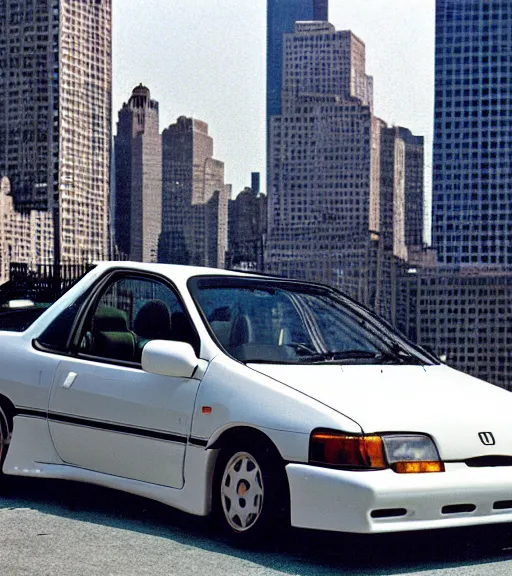 Image similar to 1994 Eg6 Honda civic, NYC skyline in backround, aesthetic, twin towers, circa 1996,