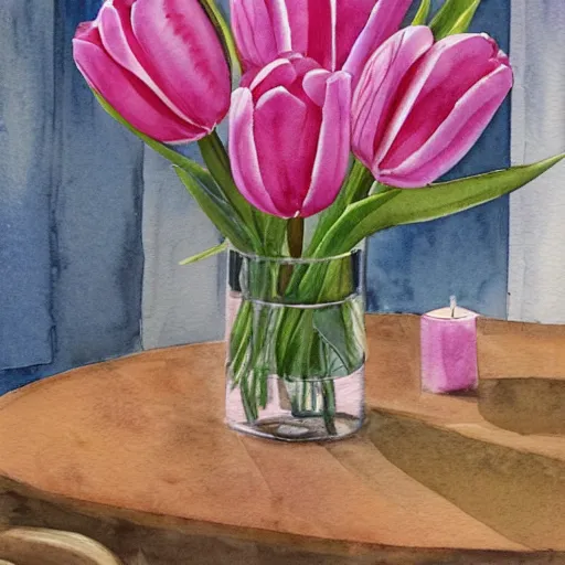 Prompt: a watercolour painting of a vase full of pink tulips sitting on a wooden table with a candle beside it